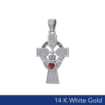 Celtic Cross and Irish Claddagh 14K White Gold Pendant with Heart Gemstone WPD5340 - Jewelry